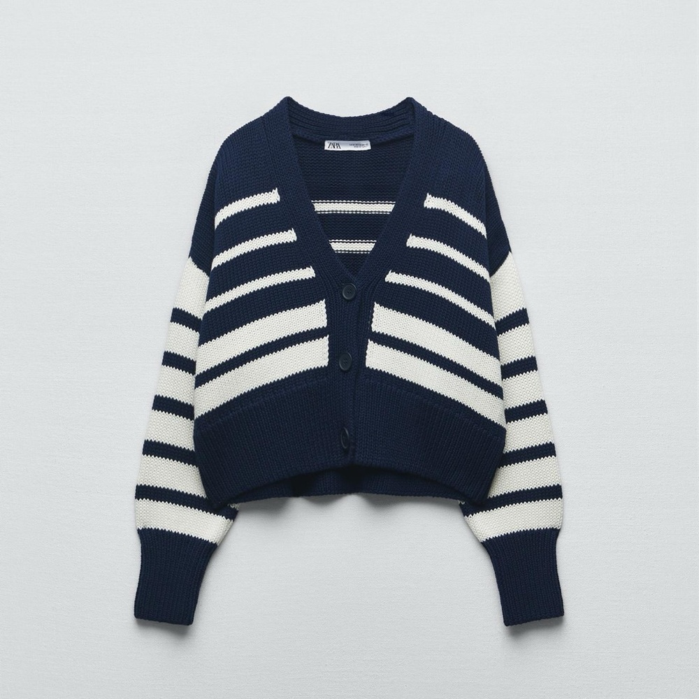Zara Navy and White Striped Women's Cardigan